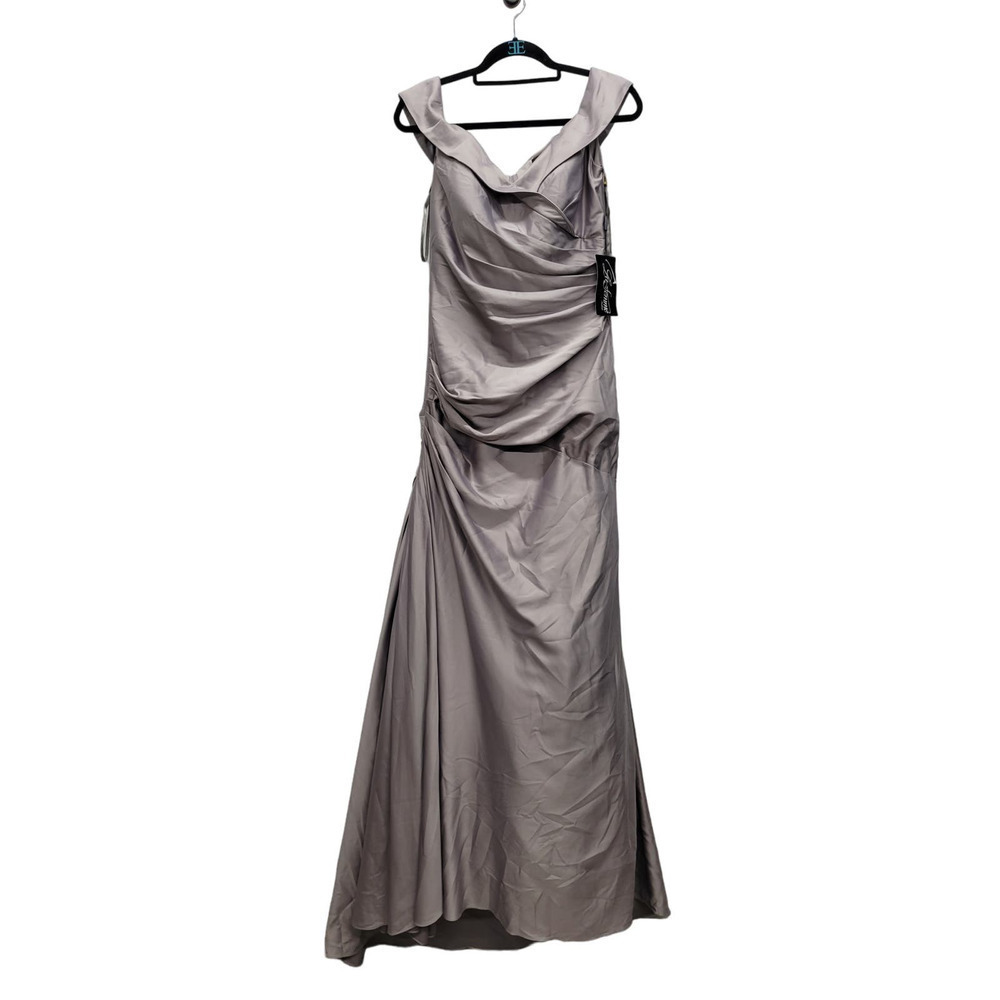 La Femme Off The Shoulder Ruched Satin Trumpet Gown - Picture 3 of 12